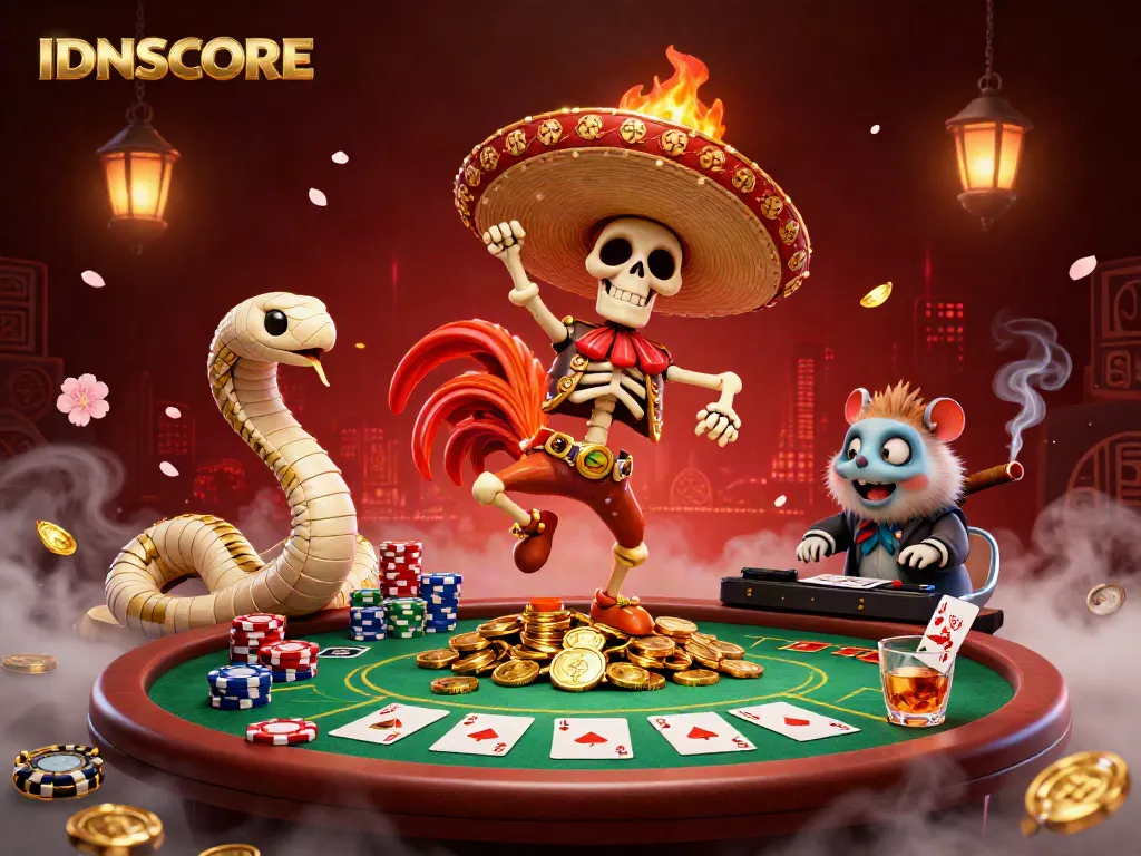 IDNSCORE showcases a vibrant scene with a dancing skeleton mariachi rooster atop golden coins, amid poker elements.