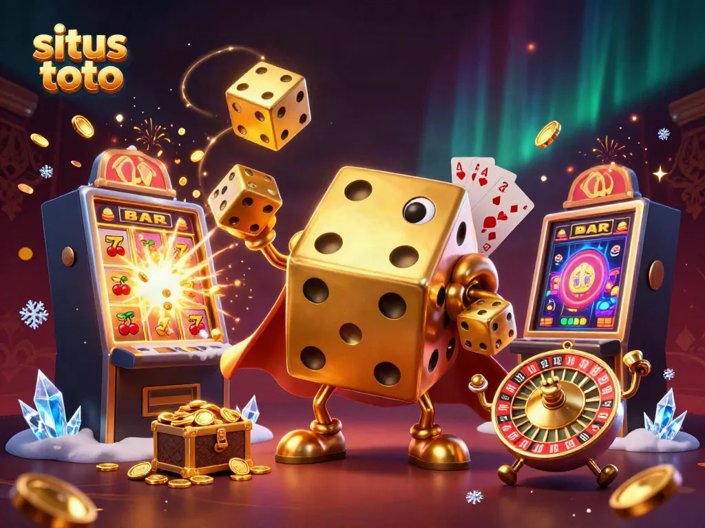 Engage with situs toto's thrilling atmosphere, showcasing golden dice jugglers, vibrant slot machines, and festive bursts of celebration.