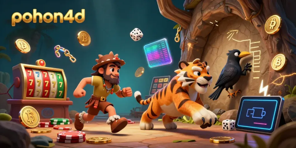 Engage with pohon4d as a caveman and sabertooth duo run a vibrant prehistoric casino filled with slot machines and crypto coins.