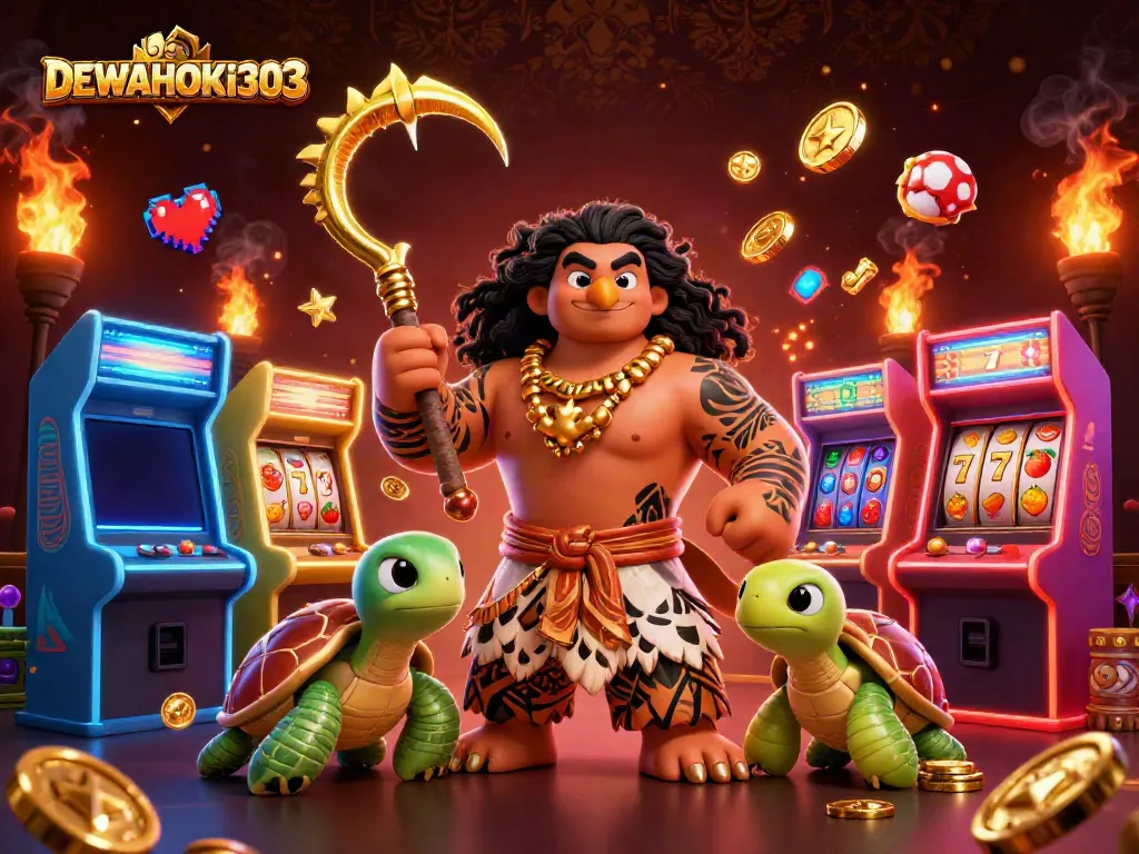 Dewahoki303 mempromosikan permainan slot online dengan 3D demigod dan simbol mencolok.
