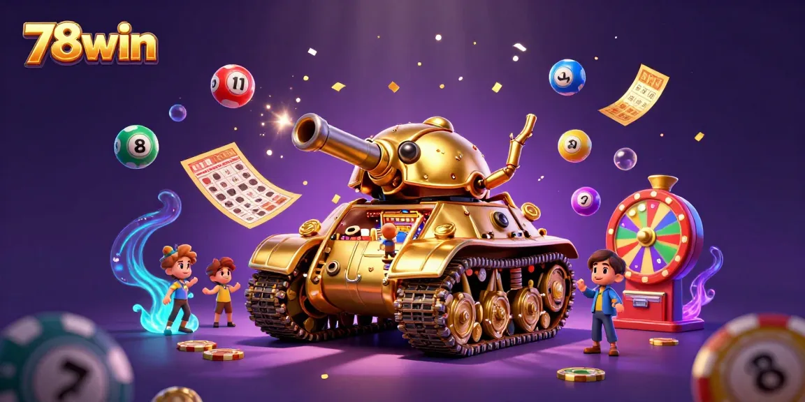 Experience the thrill of 78win with a dynamic casino scene featuring a golden beetle tank and lottery elements.