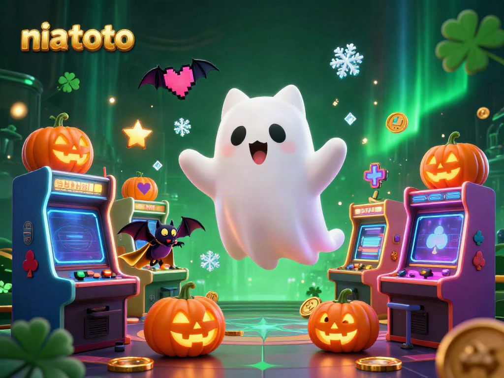 Experience niastoto's interactive gaming with a vibrant ghost cat, vampire bat, and glowing casino elements