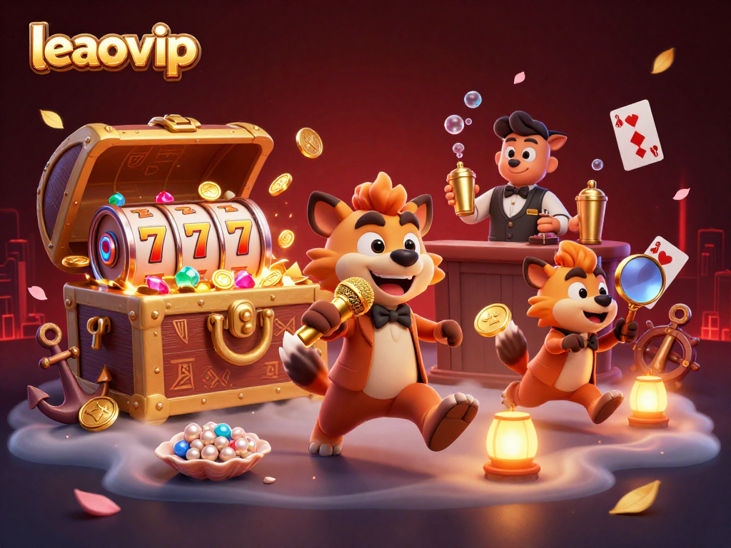 Melihat leaovip dalam ilustrasi 3D dengan hyenas lucu di klub kasino, menampilkan elemen permainan yang menarik.