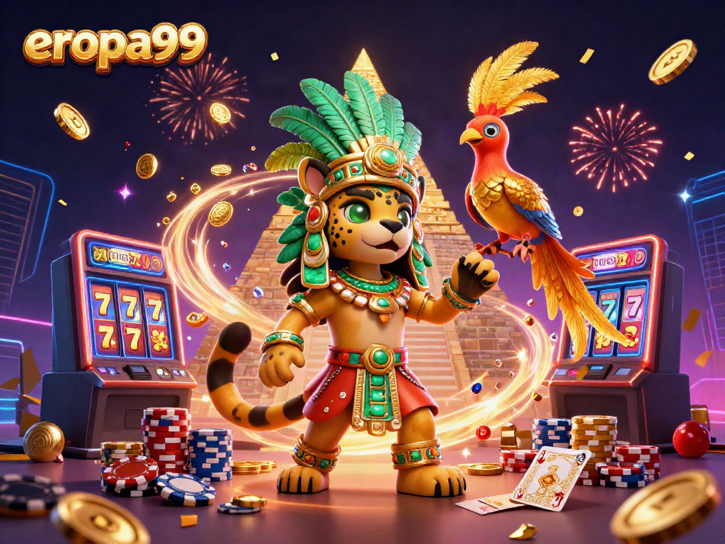 Momen kemenangan seru di EROPA99, dengan slot mesin dan simbol jackpot berkilau.
