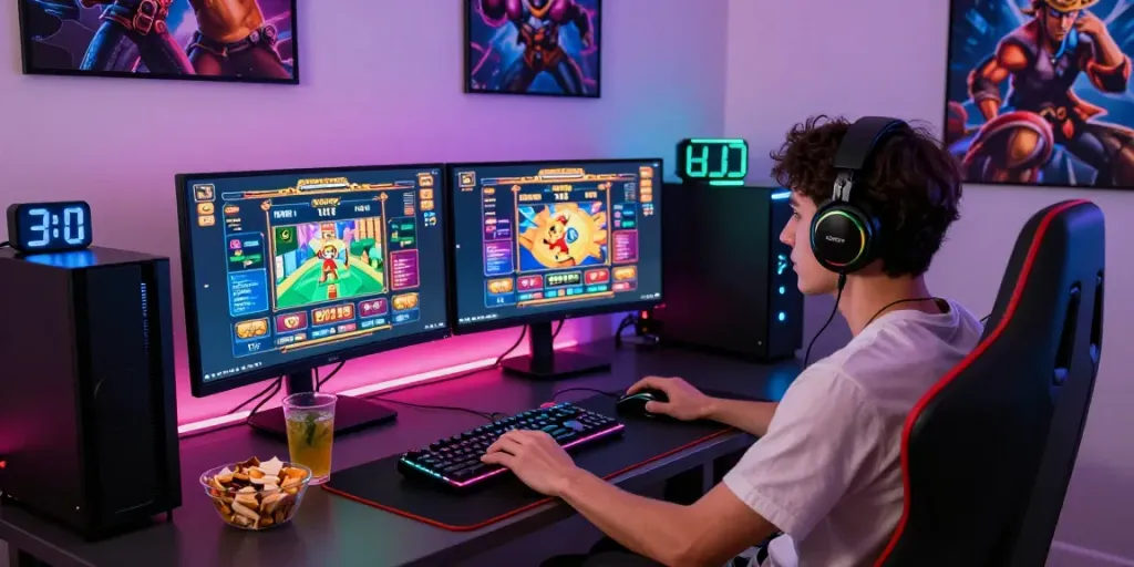 Gamer menikmati SLOT GACOR di ruang permainan modern dengan atmosfer yang menarik.