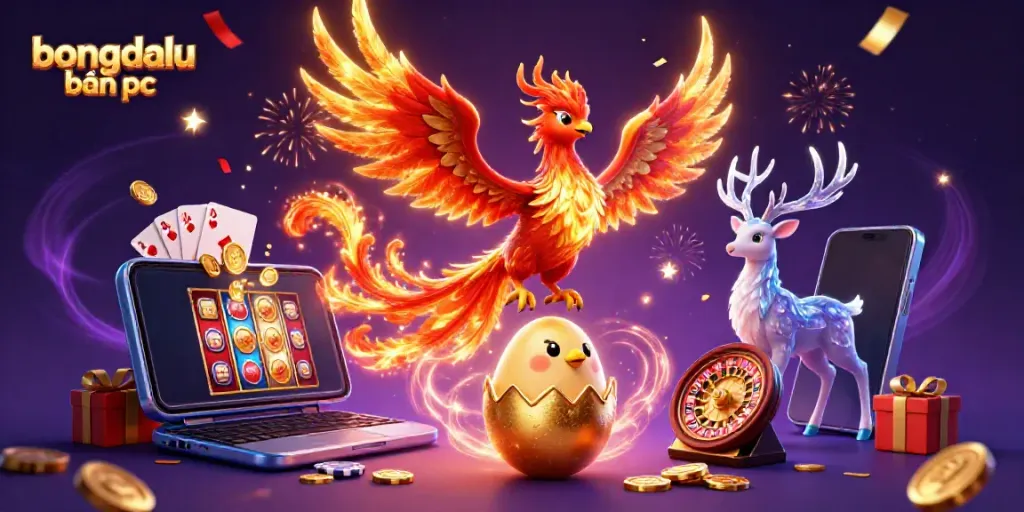 Experience thrilling action with bongdalu bản pc as a phoenix rises, surrounded by vibrant casino symbols.