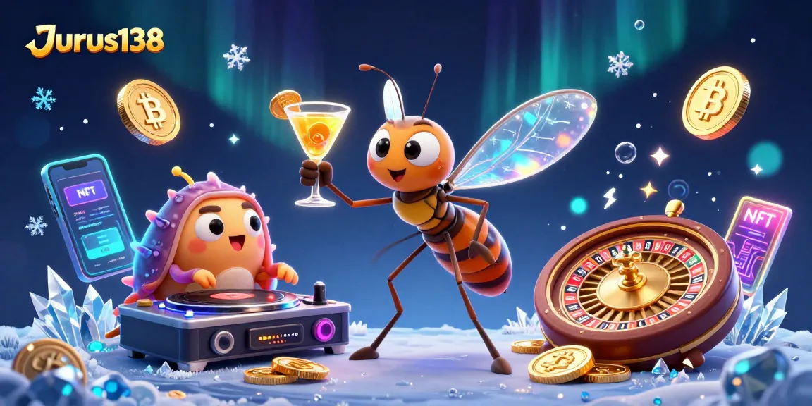 Engage with Jurus138's vibrant casino world featuring a frozen mosquito mascot and a trilobite DJ.
