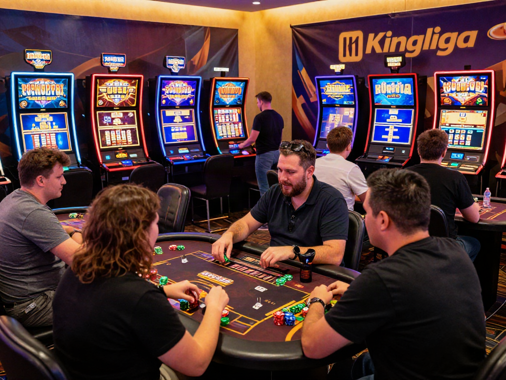 Pengalaman bermain di Kingliga dengan pemain antusias di mesin slot yang berkilauan.