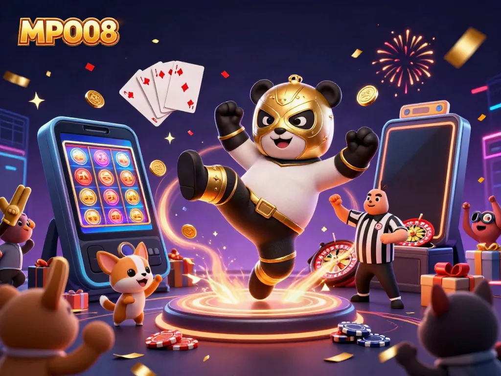 Experience the excitement of MPO08 with a lively 3D scene featuring a panda wrestler, casino elements, and festive energy.