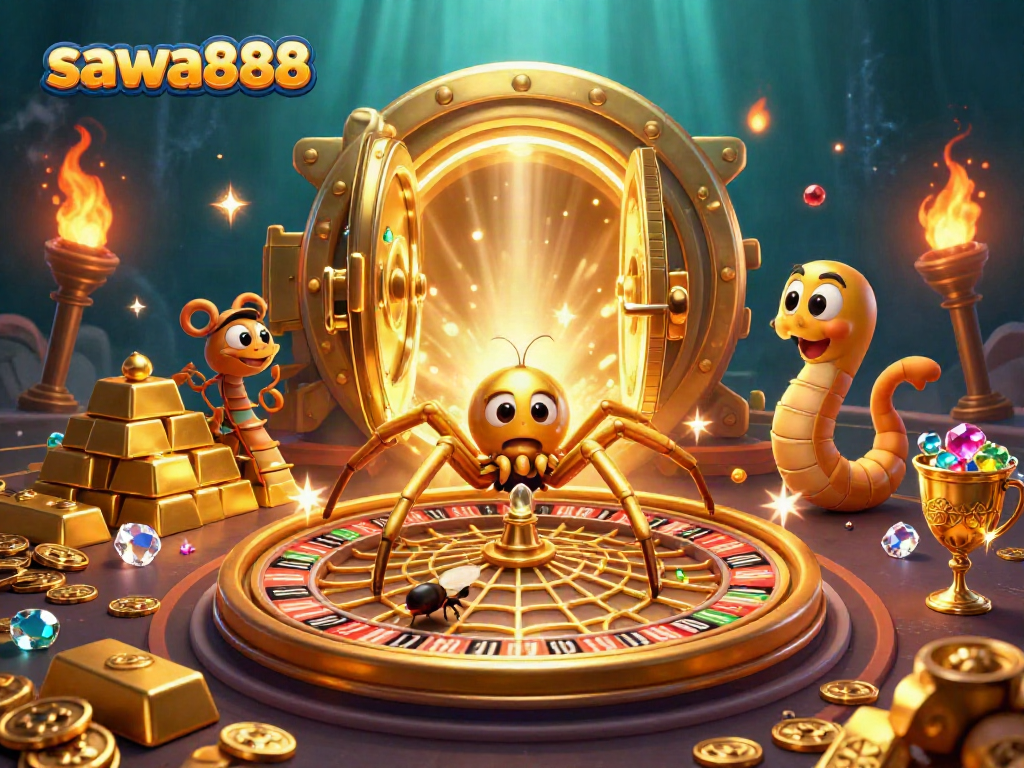 Experience the thrilling world of sawa888 with a golden spider spinning a roulette web and a centipede croupier.