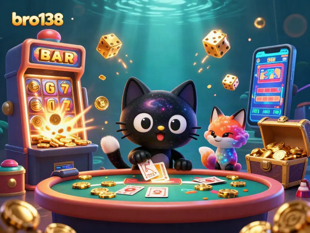 Bro138 engages players with an exciting casino scene featuring a cosmic cat and colorful fox.