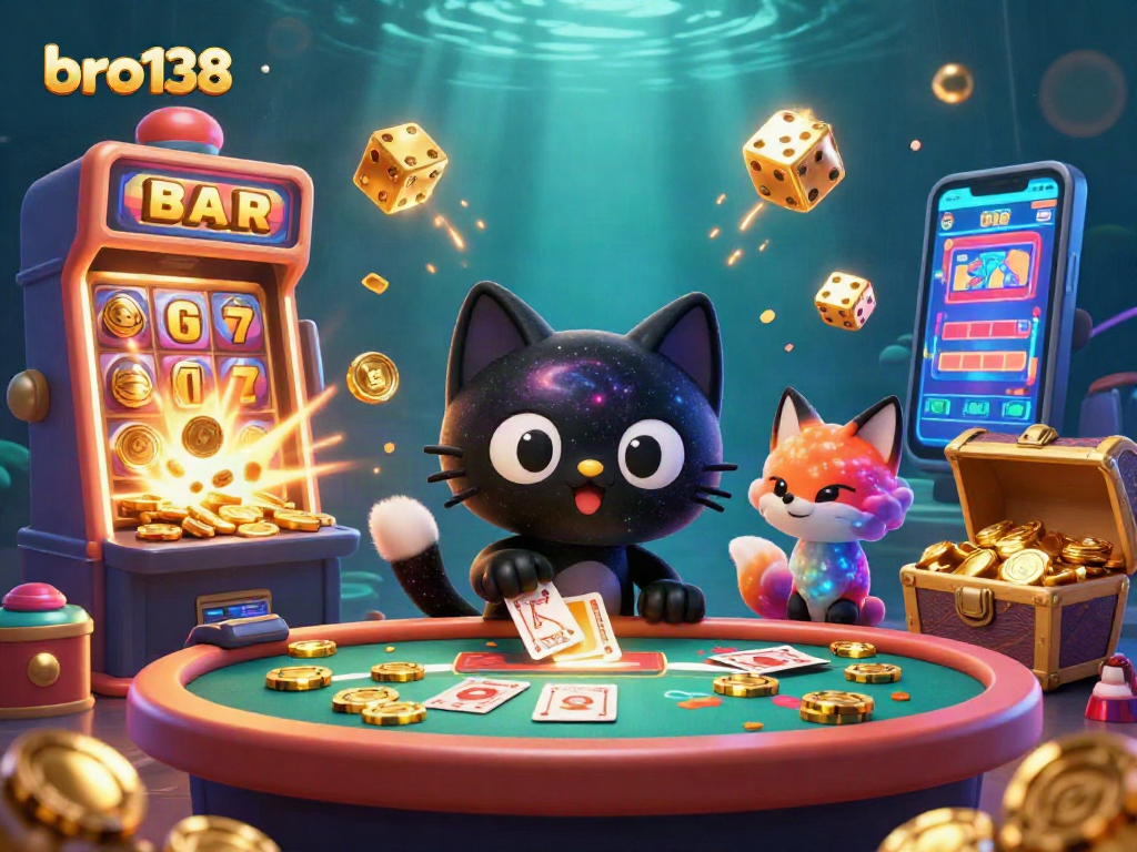 Bro138 engages players with an exciting casino scene featuring a cosmic cat and colorful fox.