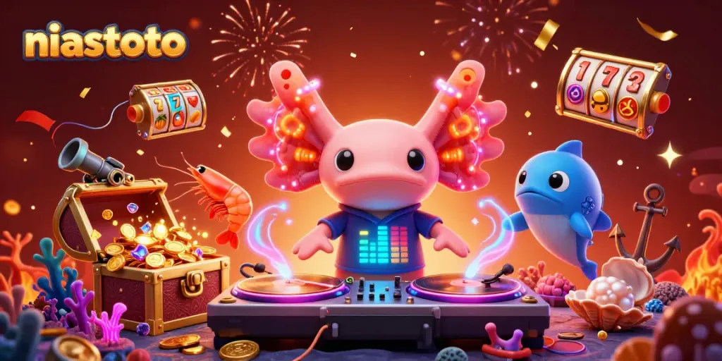 Gambarkan aksi bersenang-senang di niastoto dengan DJ axolotl berwarna neon dan lampu kilau