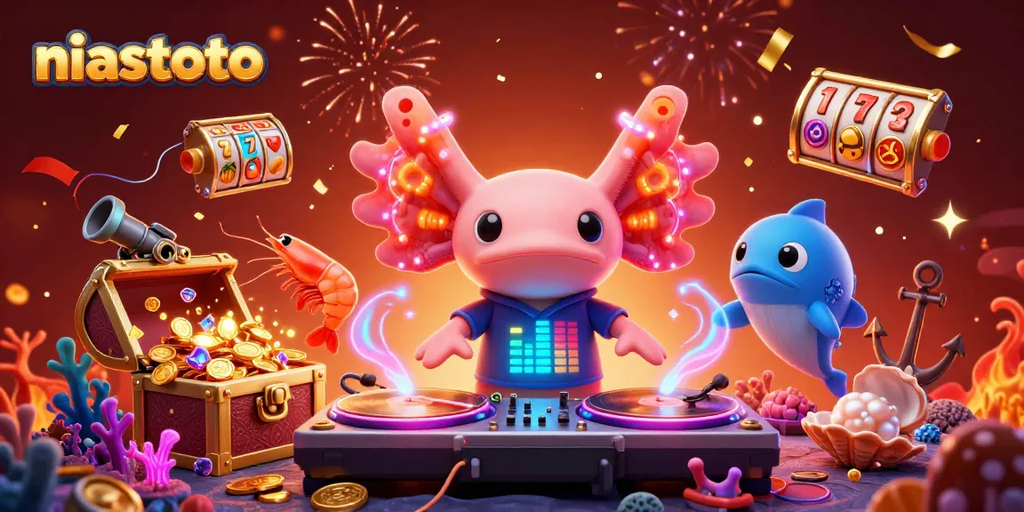 Gambarkan aksi bersenang-senang di niastoto dengan DJ axolotl berwarna neon dan lampu kilau