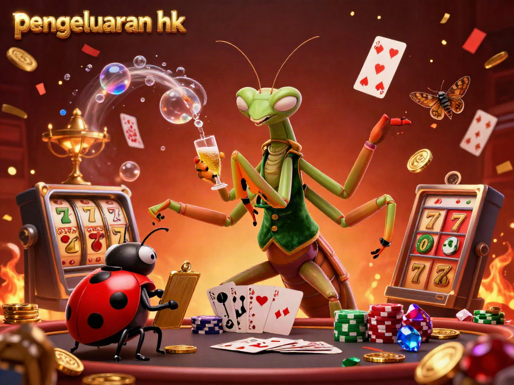 Mencari pengeluaran hk dengan karakter unik di kasino digital, menampilkan mantis dan ladybug.