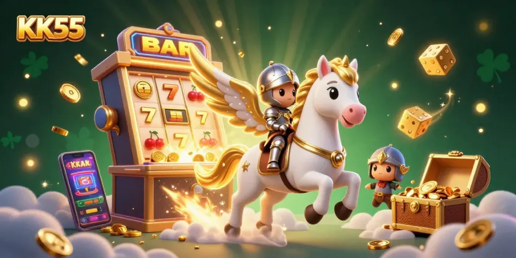 Engage in thrilling jackpot play at KK55 with 3D celestial characters and vibrant casino elements.