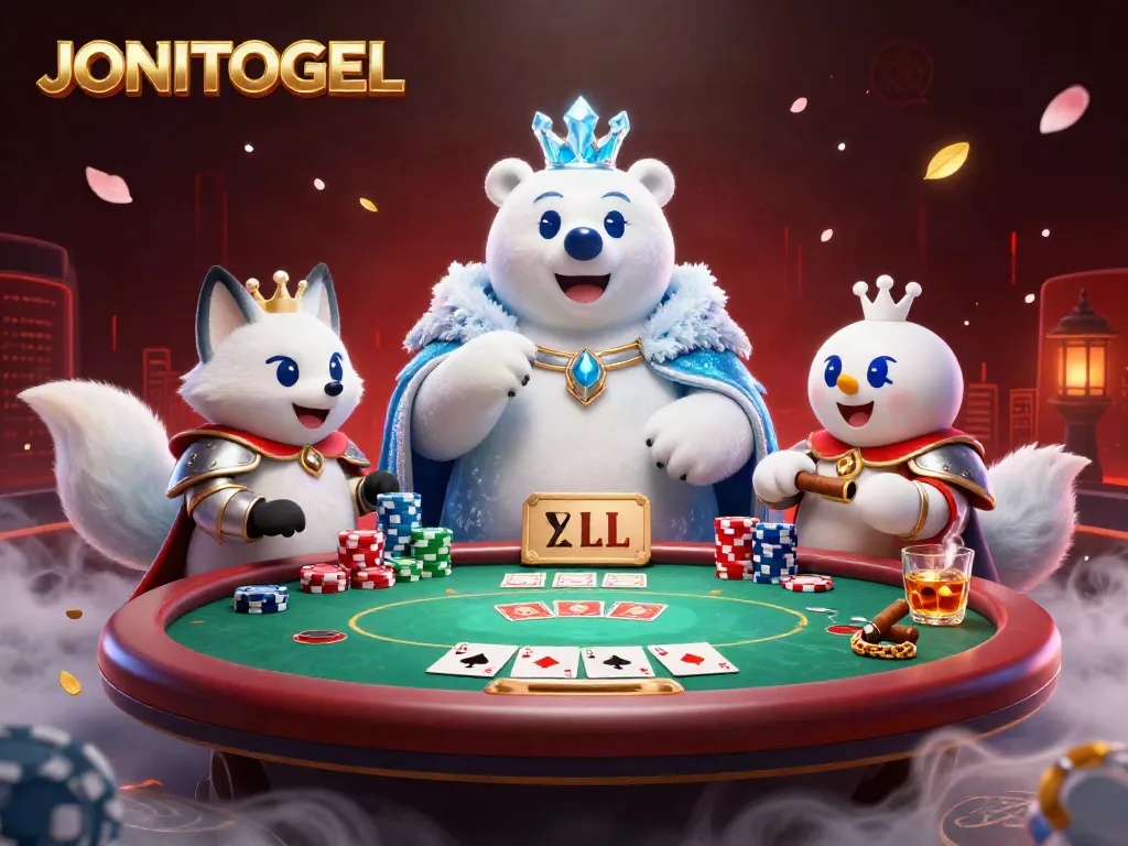 Join the fun at JONITOGEL with a vibrant gaming scene featuring poker elements and fantasy characters.