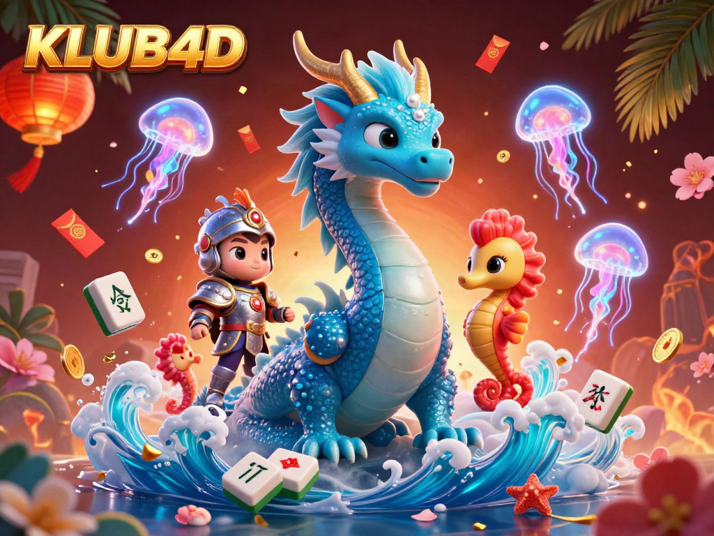 Permainan aktif di KLUB4D dengan naga azur 3D dan seahorse ksatria dalam suasana meriah.