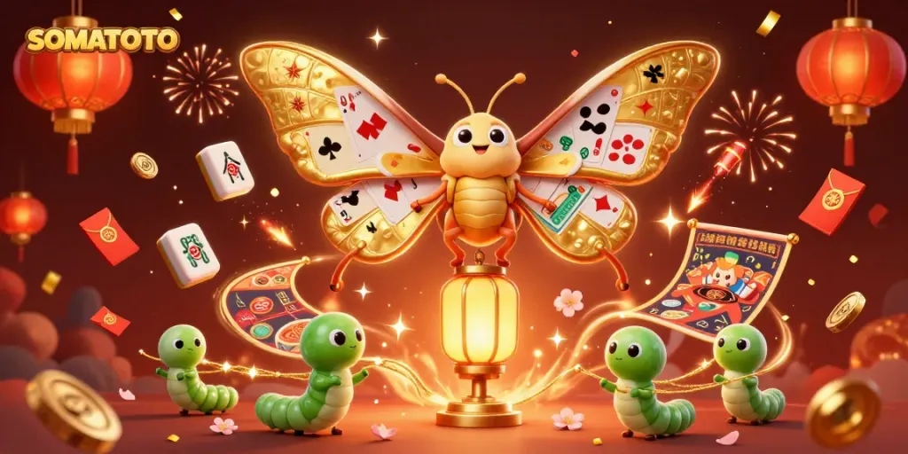 Engage in thrilling slots at SOMATOTO with vibrant casino visuals and golden motifs.