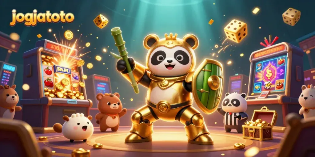 Experience the thrill of jogjatoto with an action-packed 3D illustration featuring a panda robot amidst a casino scene.
