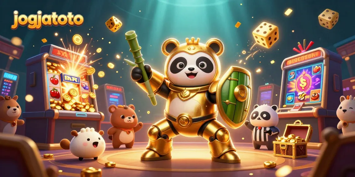 Experience the thrill of jogjatoto with an action-packed 3D illustration featuring a panda robot amidst a casino scene.