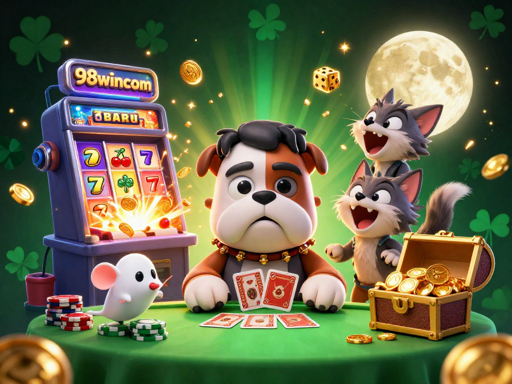 Engage with thrilling casino action at 98wincom featuring lively characters and dynamic slot machine elements.