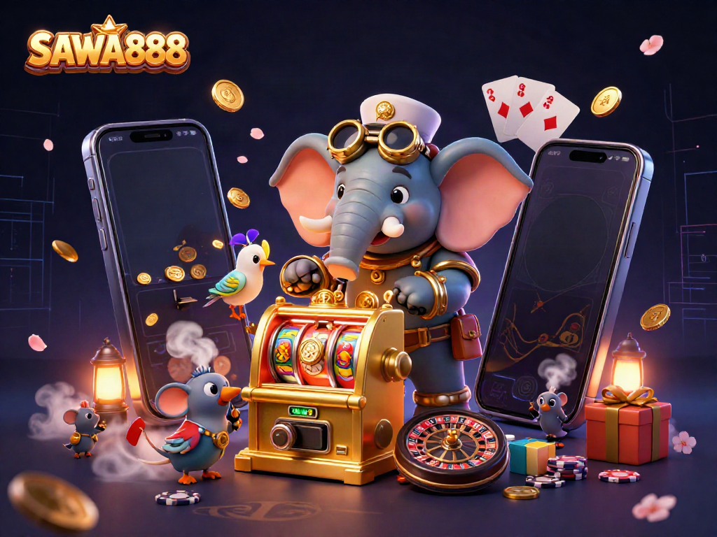 Experience the excitement of SAWA888 with a steampunk elephant engineer operating a golden slot machine
