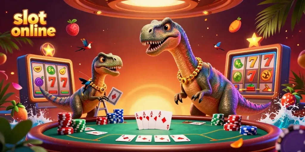 Menang di slot online dengan menggunakan brontosaurus dan raptor dalam ilustrasi sinematik 3D yang kaya warna.