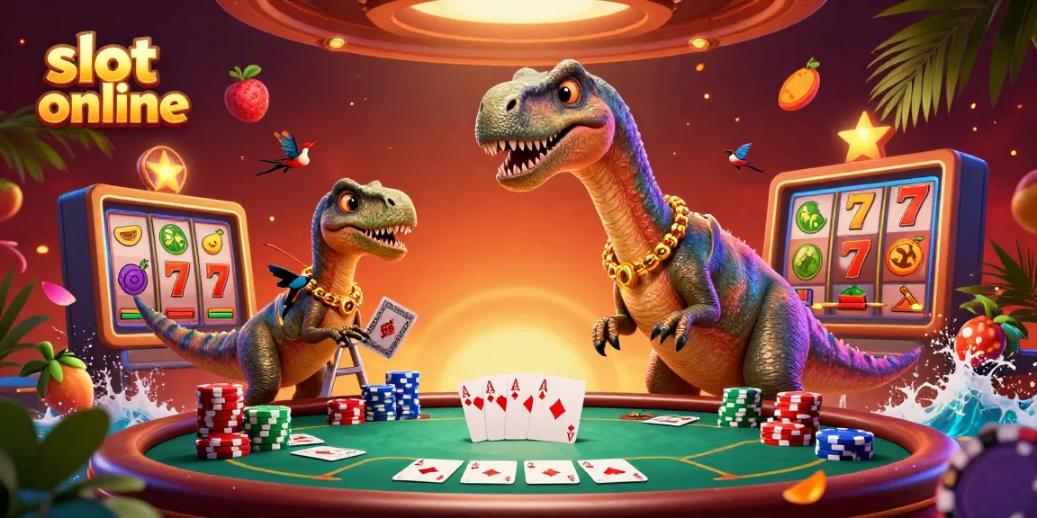 Menang di slot online dengan menggunakan brontosaurus dan raptor dalam ilustrasi sinematik 3D yang kaya warna.