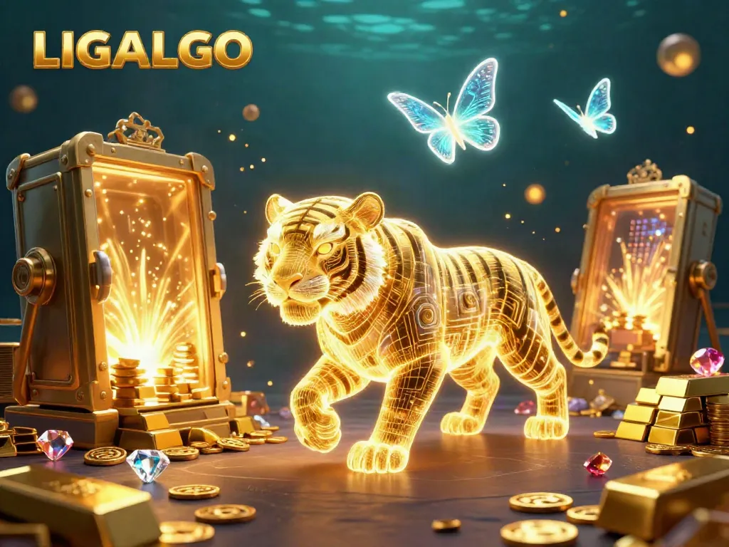 Experience the thrill of winning at LIGALGO with a dynamic neon-wireframe tiger amidst casino treasures.