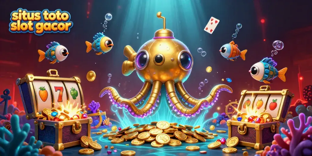 Menawarkan situs toto slot gacor, ilustrasi 3D kraken emas dengan elemen permainan slot yang kaya.