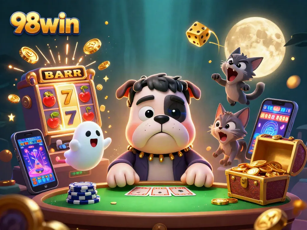 Engage in thrilling gameplay at 98win with lively scenes from a cartoon casino adventure.