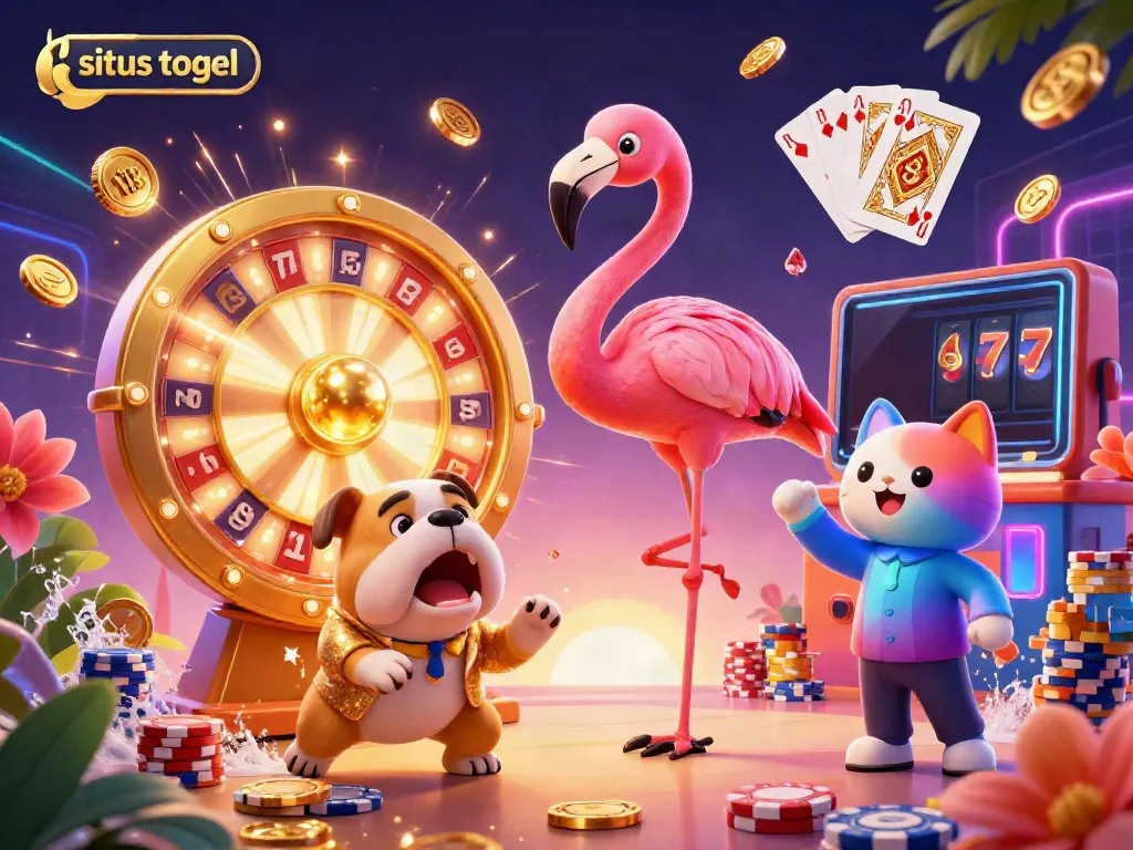 Play engaging games on situs togel with an animated flamingo host, celebrating big wins with coins and prizes.