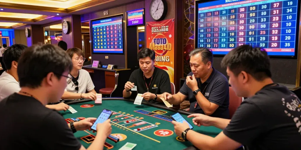 Hasil Toto Macau 4D ditampilkan di pusat perjudian dengan penonton antusias.