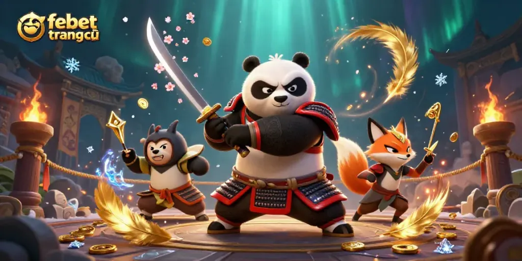 Engage in thrilling action at febet trang chủ with character samurai panda and ninja fox in a colorful casino scene.