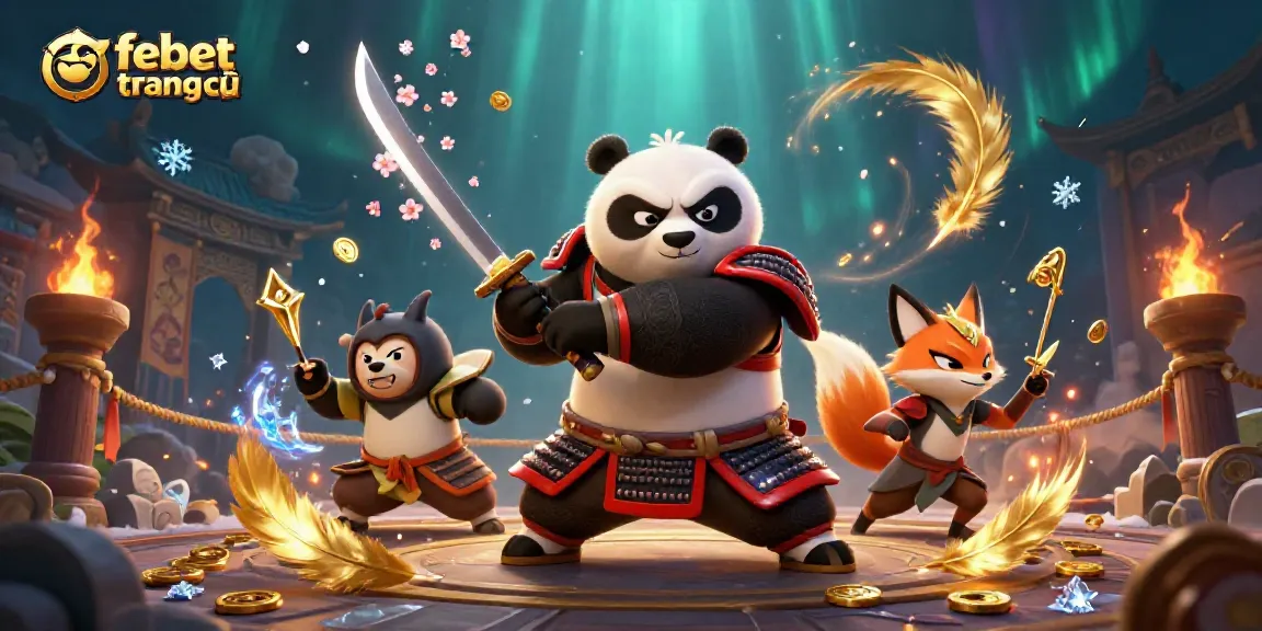 Engage in thrilling action at febet trang chủ with character samurai panda and ninja fox in a colorful casino scene.