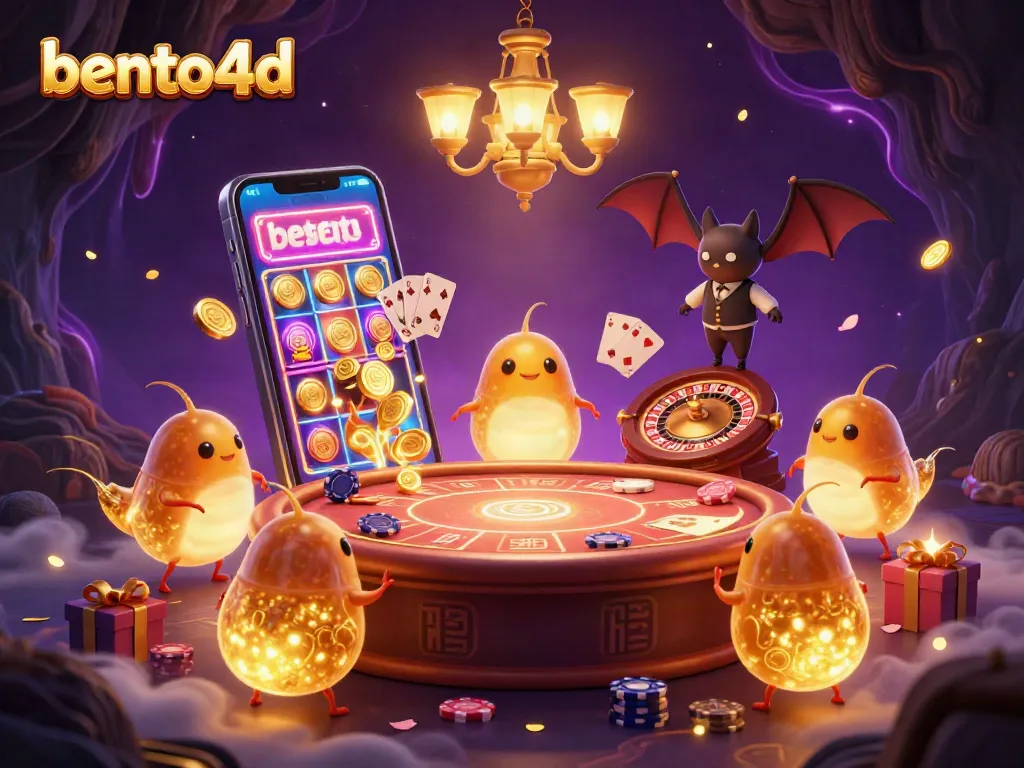 Bento4d's vibrant casino scene features glowworms lighting up the action with a bat dealer.