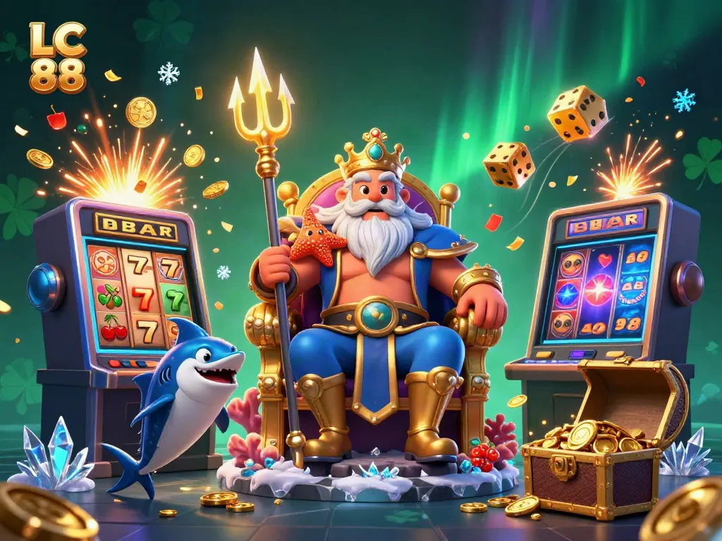 Experience the excitement of LC 88 with a vibrant, dynamic casino scene featuring themed characters and jackpot elements.