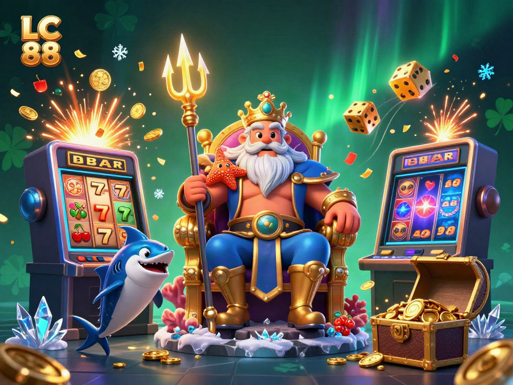 Experience the excitement of LC 88 with a vibrant, dynamic casino scene featuring themed characters and jackpot elements.