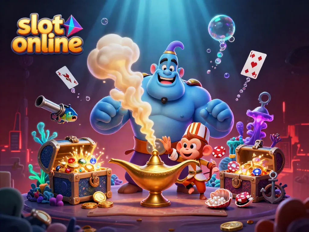 Bermain slot online dengan pengalaman unik menampilkan Genie biru mengeluarkan harta karun, koin, dan kartu.