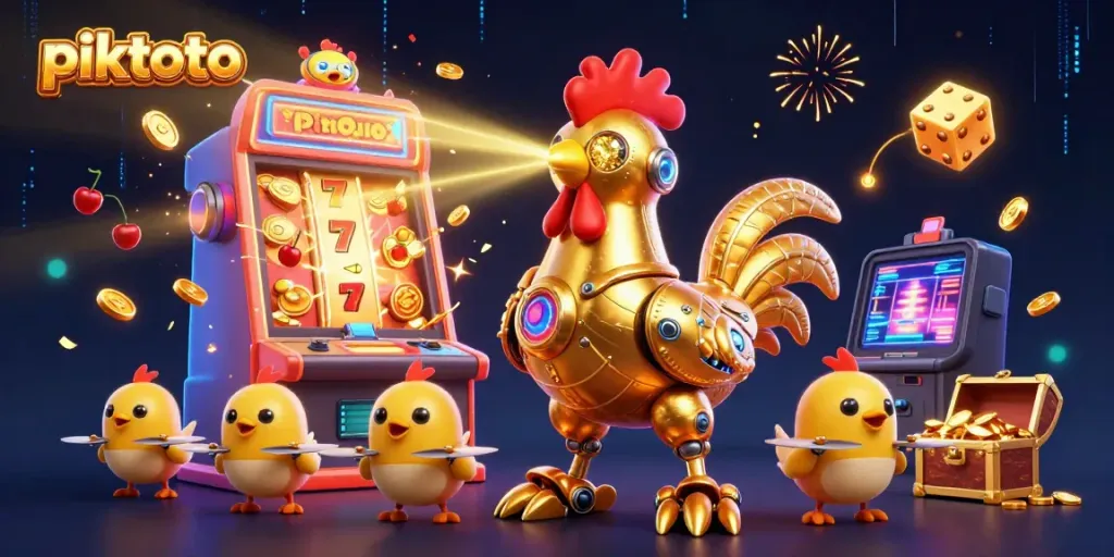 Piktoto's vibrant 3D illustration showcases a golden rooster robot and baby chick drones amidst coins and casino games.