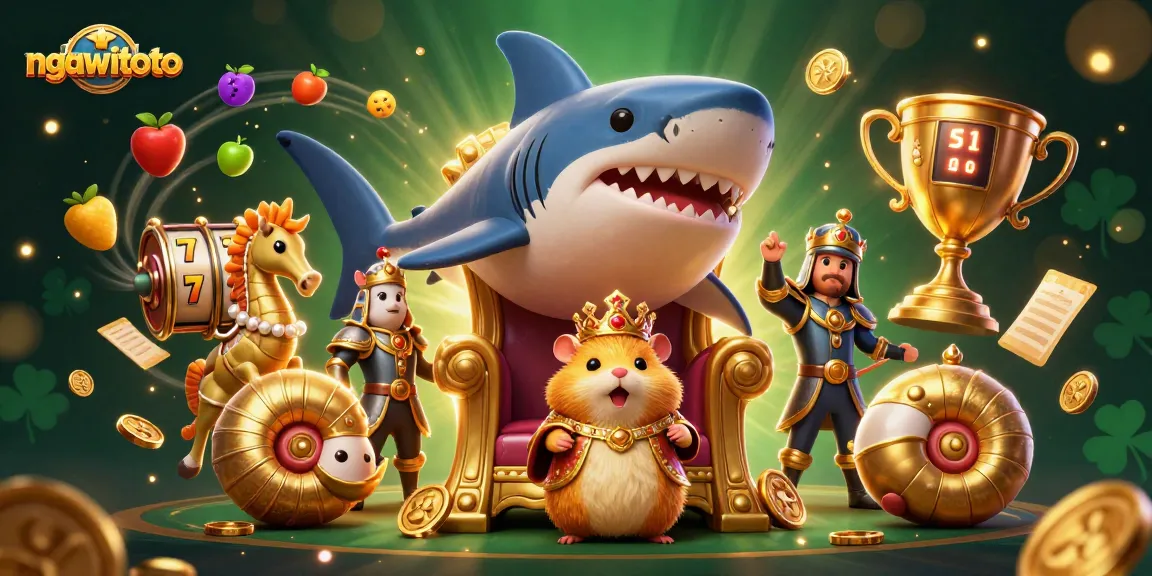 Permainan gacor NGAWITOTO dengan slot berputar, simbol keberuntungan, dan rajanya hamster emas.