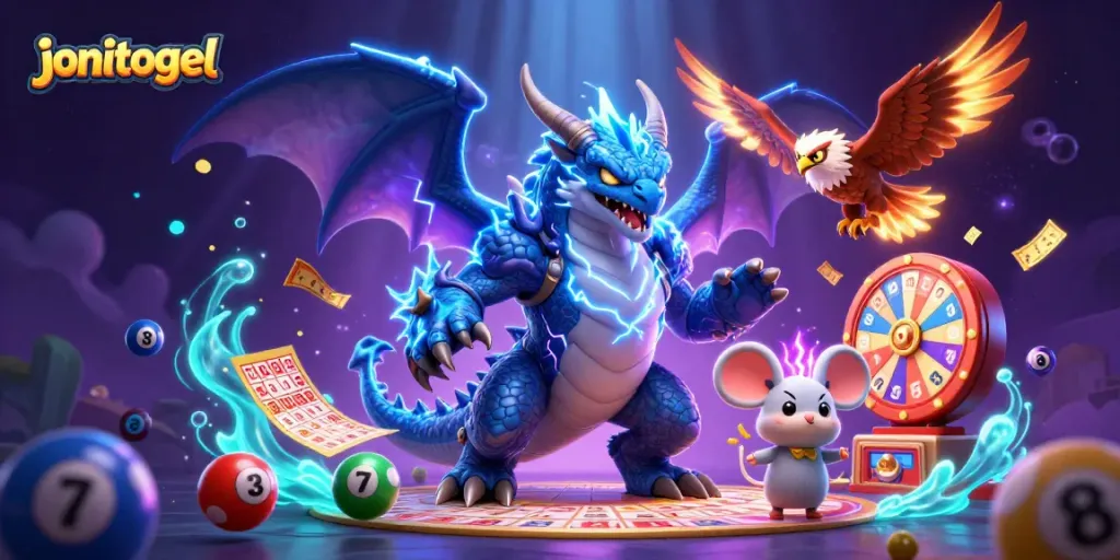 Experience thrilling jonitogel action with colorful lottery elements and an electrifying dragon in this dynamic scene.
