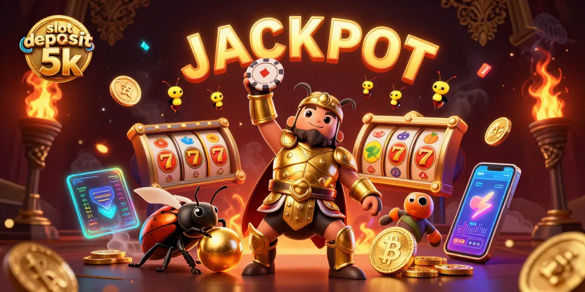 Engage with slot deposit 5k featuring a golden beetle with poker chips, jackpot signs, and cryptocurrency elements