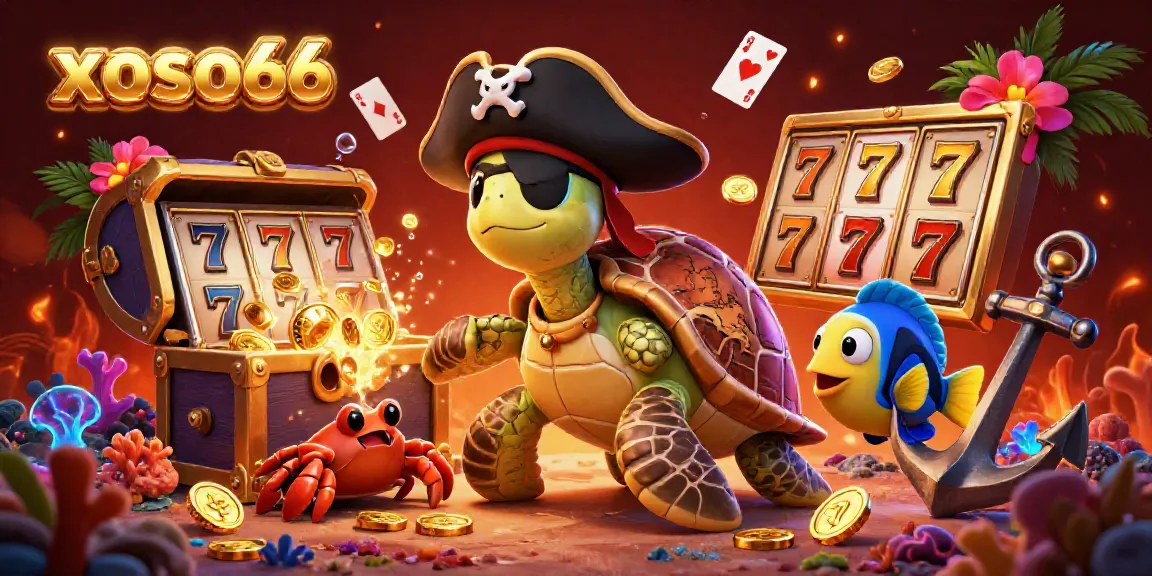 The xoso66 pirate turtle and friends celebrate casino wins amid vibrant underwater treasures.