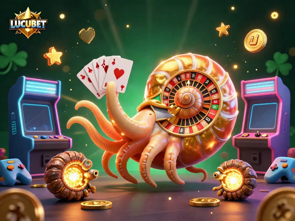 LUCUBET showcases an enchanting casino scene with a giant nautilus roulette wheel and lively game elements.