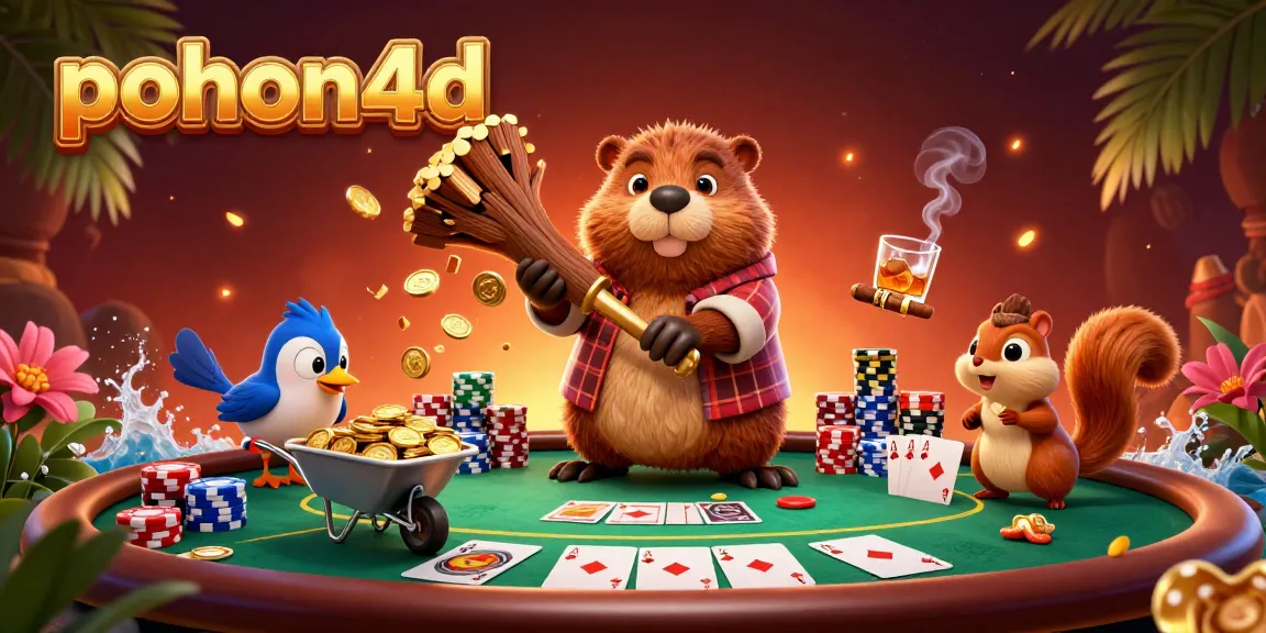 Experience the thrill at pohon4d with a vibrant casino scene featuring a beaver and friends collecting coins.