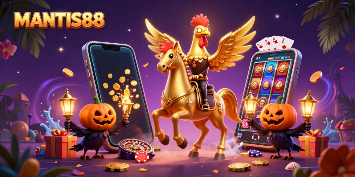 Experience the excitement of MANTIS88 with a vibrant casino illustration featuring dynamic characters and gaming elements.