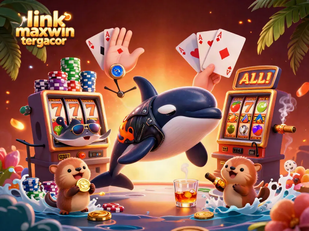Engaging 3D digital illustration showcasing link maxwin tergacor with dynamic casino elements, featuring an orca whale and sea otters.