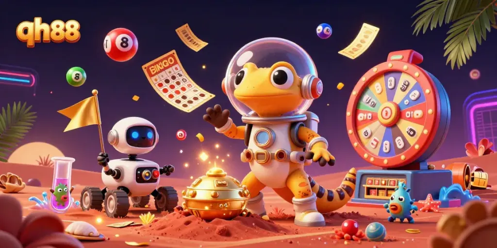 Engage with qh 88's vibrant gaming scene featuring a Martian gecko discovering a golden casino.